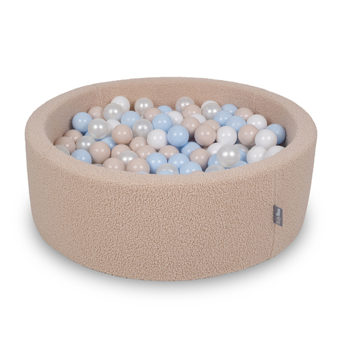 KiddyMoon Ball Pit for Baby with Teddy Plush, Large 7 cm Balls for a Fuller Ball Pit, From 8 Months, Removable Cover, Beige: Pastel Beige/Pastel Blue/White/Pearl, 90 x 30 cm / 300 Balls