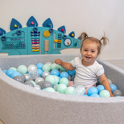 KiddyMoon Soft Ball Pit Quarter Angular ∅ 7cm / 2.75In for Kids, Foam Ball Pool Baby Playballs, Made In The EU, light grey:pearl/grey/transparent/baby blue/mint, 90x30cm/300 balls