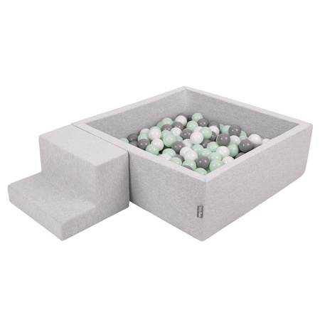 KiddyMoon Foam Playground for Kids with Square Ballpit ( ∅ 7cm/2.75In) Soft Obstacles Course and Ball Pool, Certified Made In The EU, lightgrey:white/grey/mint, Ballpit (100 Balls) + Steps