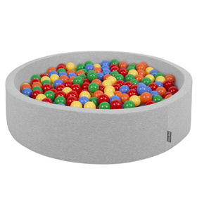 KiddyMoon Soft Ball Pit Round  ∅ 7Cm / 2.75In For Kids, Foam Ball Pool Baby Playballs Children, Made In The EU, light grey:yellow-green-blue-red-orange, 120x30cm/200 balls