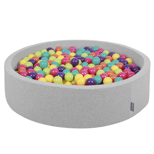 KiddyMoon Soft Ball Pit Round ∅ 7Cm / 2.75In For Kids, Foam Ball Pool Baby Playballs Children, Made In The EU, lgrey: light green-yellow-turquoise-orange-dpink-purple, 120x30cm/600 balls