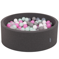 KiddyMoon Baby Foam Ball Pit with Balls ∅ 7cm / 2.75in Made in EU, dark grey:transparent/grey/white/pink/mint, 90x30cm/200 balls