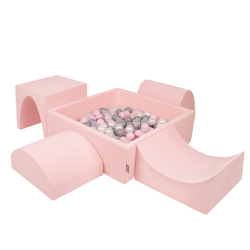 KiddyMoon Foam Playground for Kids with Square Ball pit ( ∅ 7cm/2.75In) Soft Obstacles Course and Ball Pool, Certified Made In The EU, pink:pearl/grey/transparent/powder pink, Ballpit (300 Balls) + Version 1