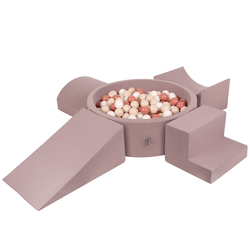 KiddyMoon Foam Playground for Kids with Round Ballpit ( ∅ 7cm/2.75In) Soft Obstacles Course and Ball Pool, Made In The EU, heather: pastel beige-salmon-white, Ballpit (200 Balls) + Version 5
