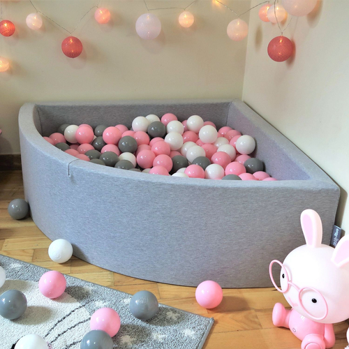 KiddyMoon Soft Ball Pit Quarter Angular ∅ 7cm / 2.75In for Kids, Foam Ball Pool Baby Playballs, Made In The EU, light grey:white/grey/light pink, 90 x 30 cm / 300 Balls