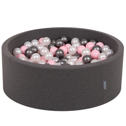 KiddyMoon Baby Foam Ball Pit with Balls ∅ 7cm / 2.75in Made in EU, dark grey:pearl/light pink/silver, 90x30cm/200 balls