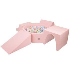 KiddyMoon Foam Playground for Kids with Round Ballpit ( ∅ 7cm/2.75In) Soft Obstacles Course and Ball Pool, Certified Made In The EU, pink:pastel blue/pastel yellow/white/mint/light pink, Ballpit (200 Balls) + Version 3