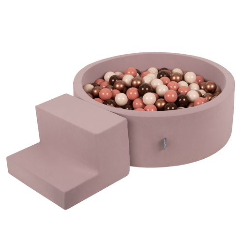 KiddyMoon Foam Playground for Kids with Round Ball pit (200 Balls ∅ 7cm/2.75In) Soft Obstacles Course and Ball Pool, Certified Made In The EU, heather: brown/copper/pastel beige/salmon, Ballpit (200 Balls) + Steps