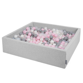 KiddyMoon Soft Ball Pit Square  ∅ 7Cm / 2.75In For Kids, Foam Ball Pool Baby Playballs Children, Made In The EU, light grey:pearl-grey-transparent-powder pink, 120x30cm/1000 balls