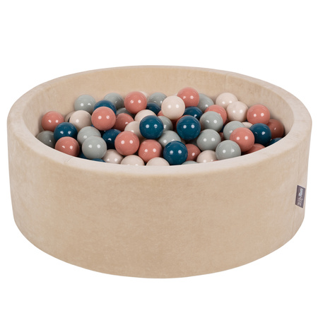 KiddyMoon Soft Ball Pit Round 7cm / 2.75In for Kids, Foam Velvet Ball Pool Baby Playballs, sand beige:dark turquoise/pastel beige/greengrey/salmon pink, 90x30cm/200 balls