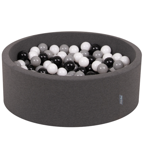 KiddyMoon Baby Foam Ball Pit with Balls ∅ 7cm / 2.75in Made in EU, dark grey:white/black/grey, 90 x 30 cm / 200 Balls