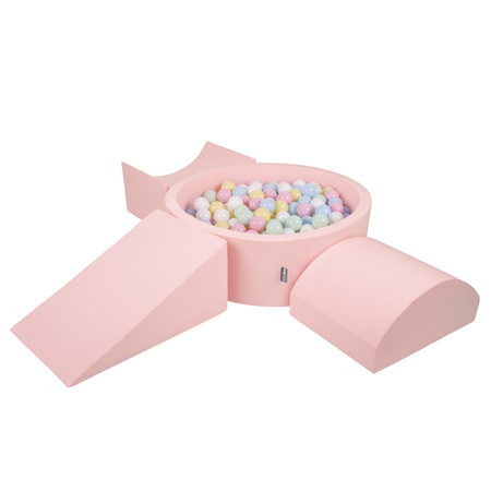 KiddyMoon Foam Playground for Kids with Round Ballpit ( ∅ 7cm/2.75In) Soft Obstacles Course and Ball Pool, Certified Made In The EU, pink:pastel blue/pastel yellow/white/mint/light pink, Ballpit (300 Balls) + Version 4