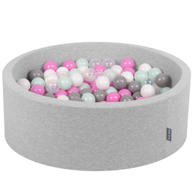 KiddyMoon Baby Foam Ball Pit with Balls ∅ 7cm / 2.75in Made in EU, light grey:transparent/grey/white/pink/mint, 90x30cm/300 balls