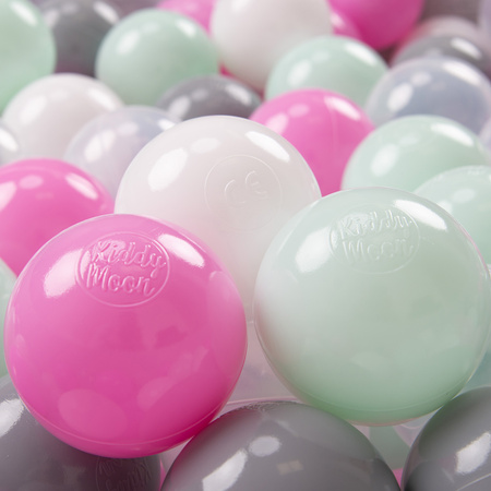 KiddyMoon Soft Plastic Play Balls ∅ 7cm/2.75in Multi-colour Made in EU, transparent/grey/white/pink/mint, 200 Balls/7cm-2.75in