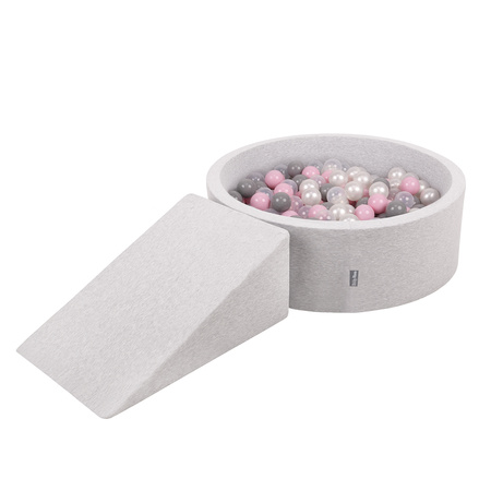 KiddyMoon Foam Playground for Kids with Round Ballpit ( ∅ 7cm/2.75In) Soft Obstacles Course and Ball Pool, Certified Made In The EU, lightgrey:pearl/grey/transparent/powderpink, Ballpit (200 Balls) + Wedge