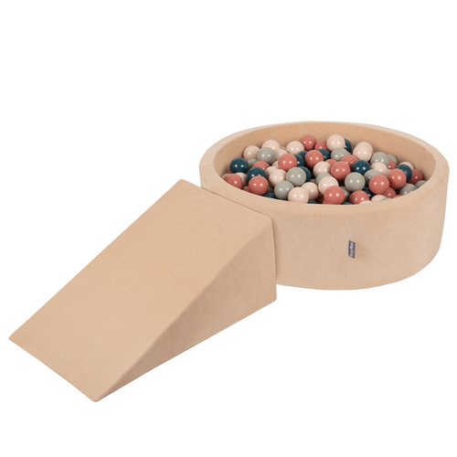 KiddyMoon Foam Playground Velvet for Kids with Round Ball pit ( ∅ 7cm/2.75In) Soft Obstacles Course and Ball Pool, Certified Made In The EU, Sand beige: dark turquoise/pastel beige/green/gray/salmon, Ballpit (100 Balls) + Wedge
