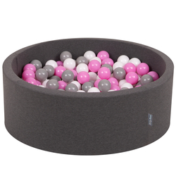 KiddyMoon Baby Foam Ball Pit with Balls ∅ 7cm / 2.75in Made in EU, dark grey:grey/white/pink, 90x30cm/200 balls