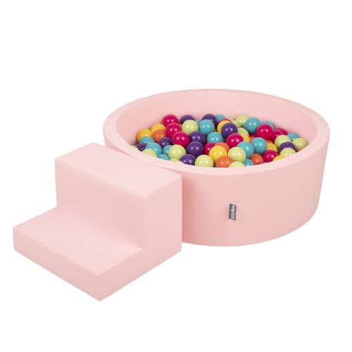 KiddyMoon Foam Playground for Kids with Round Ball pit (200 Balls ∅ 7cm/2.75In) Soft Obstacles Course and Ball Pool, Certified Made In The EU, pink:lgreen/yellow/turquoise/orange/dpink/purple, Ballpit (200 Balls) + Steps