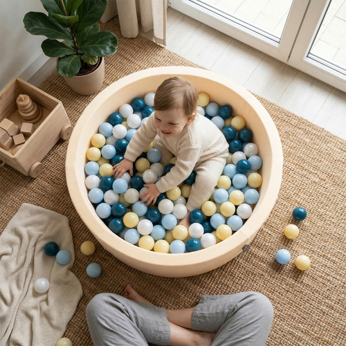 KiddyMoon Foam Ball Pit with Balls for Babies and Toddlers, Soft Sensory Play, Durable Removable Cover, Safe, butter: dark turquoise/pastel blue/pastel yellow/white, 90 x 30 cm / 300 Balls