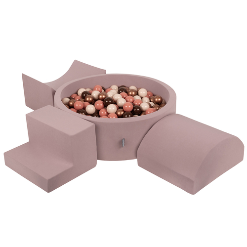 KiddyMoon Foam Playground for Kids with Round Ball pit ( ∅ 7cm/2.75In) Soft Obstacles Course and Ball Pool, Certified Made In The EU, heather: brown/copper/pastel beige/salmon, Ballpit (300 Balls) + Version 6