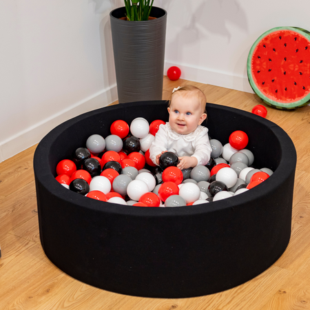 KiddyMoon Baby Foam Ball Pit with Balls ∅ 7cm / 2.75in Made in EU, Belgium: black/yellow/red, 90x30cm/200 balls