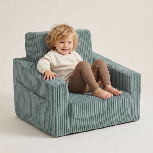 Foam armchair for kids convertible into bed, handle and side pockets, corduroy cover, green, UNI