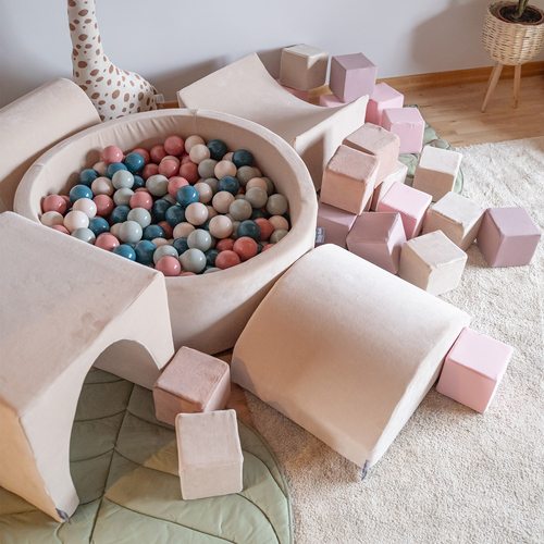 KiddyMoon Foam Playground Velvet for Kids with Round Ballpit ( ∅ 7cm/2.75In) Soft Obstacles Course and Ball Pool, Certified Made In The EU, Sand beige: dark turquoise/pastel beige/green/gray/salmon, Ballpit (200 Balls) + Version 5
