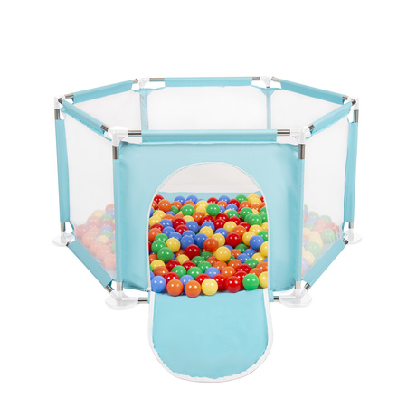 hexagon 6 side play pen with plastic balls, Mint:yellow/green/blue/red/orange, 100 balls