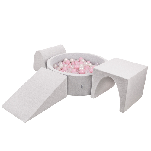 KiddyMoon Foam Playground for Kids with Round Ball pit (Balls ∅ 7cm/2.75In) Soft Obstacles Course and Ball Pool, Made In EU, lightgrey:powderpink/pearl/transparent, Ballpit (200 Balls) + Version 2