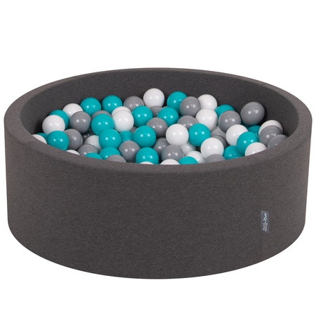 KiddyMoon Baby Foam Ball Pit with Balls ∅ 7cm / 2.75in Made in EU, dark grey:grey/white/turquoise, 90x30cm/200 balls