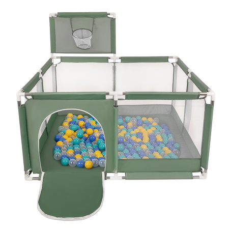 square play pen filled with plastic balls basketball, green:turquoise/blue/yellow/transparent, 200 balls