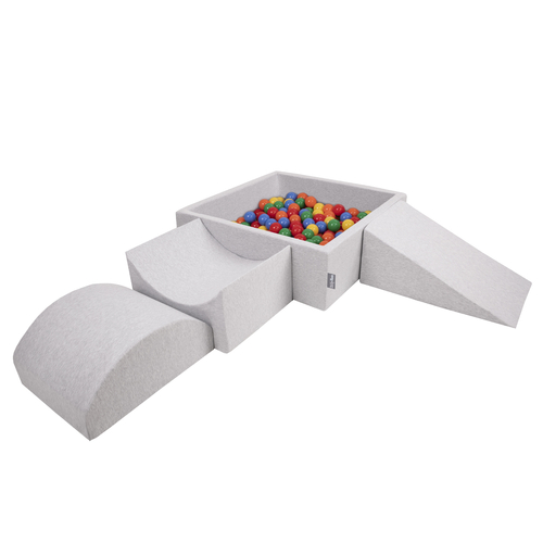 KiddyMoon Foam Playground for Kids with Square Ballpit ( ∅ 7cm/2.75In) Soft Obstacles Course and Ball Pool, Made In The EU, lightgrey:yellow/green/blue/red/orange, Ballpit (300 Balls) + Version 4