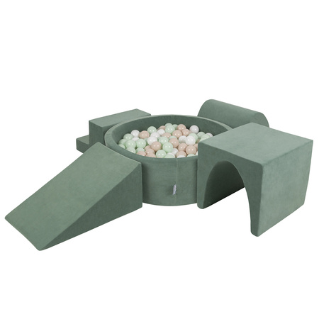 KiddyMoon Foam Playground Velvet for Kids with Round Ballpit ( ∅ 7cm/2.75In) Soft Obstacles Course and Ball Pool, Certified Made In The EU, forest green:pastel beige/white/mint, Ballpit (200 Balls) + Version 3