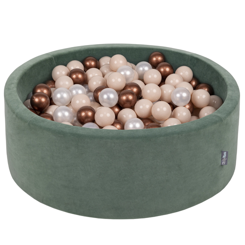 KiddyMoon Soft Ball Pit Round ∅ 7cm / 2.75In for Kids, Foam Velvet Ball Pool Baby Playballs, Made In The EU, forest green:pastel beige/copper/pearl , 90x30cm/300 balls