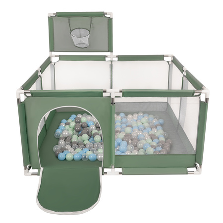 square play pen filled with plastic balls basketball, green:pearl/grey/transparent/babyblue/mint, 200 balls