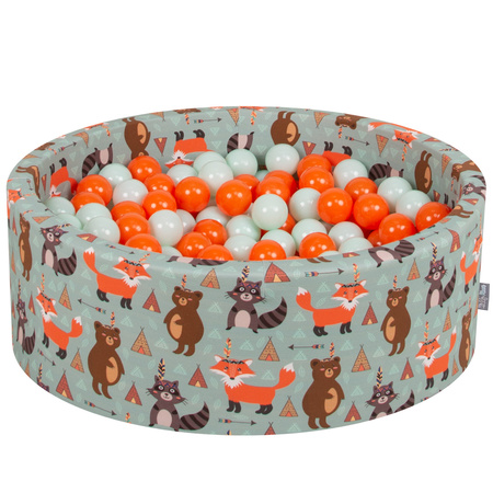 KiddyMoon Soft Ball Pit Round ∅ 7Cm / 2.75In For Kids, Foam Ball Pool Baby Playballs Children, Made In The EU, fox-green:orange/mint, 90x30cm/200 balls