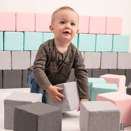 KiddyMoon Soft Foam Cubes Building Blocks 14cm for Children Multifunctional Foam Construction Montessori Toy for Babies, Certified Made in The EU, mix: light grey-dark grey-pink-mint, 24 Pieces