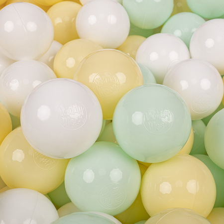 KiddyMoon Soft Plastic Play Balls β
7cm/2.75in Multi-colour Made in EU, pastel yellow/white/mint, 200 Balls/7cm-2.75in