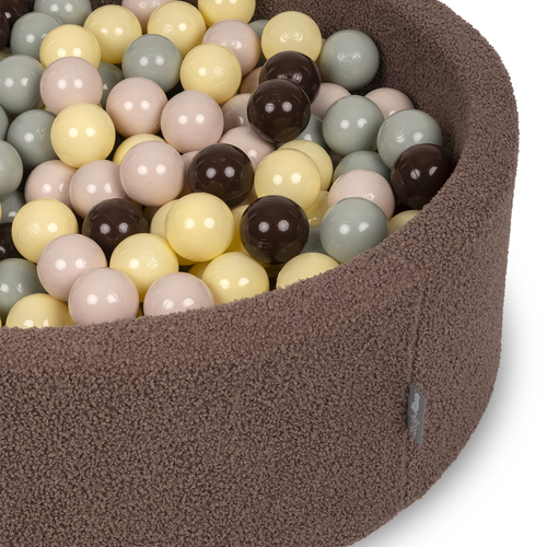 KiddyMoon Ball Pit for Baby with Teddy Plush, Large 7 cm Balls for a Fuller Ball Pit, From 8 Months, Removable Cover, Brown: Pastel Beige/GreenGrey/Pastel Yellow/Brown, 90 x 30 cm / 200 Balls