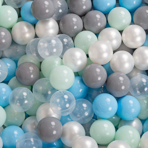 KiddyMoon Baby Foam Ball Pit with Balls ∅ 7cm / 2.75in Square Made in EU, d.blue:pearl/grey/transparent/baby blue/mint