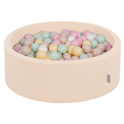 KiddyMoon Baby Foam Ball Pit with Balls ∅ 7cm / 2.75in, beige: pastel beige/pastel yellow/white/mint/powder pink, 90x30cm/200 balls