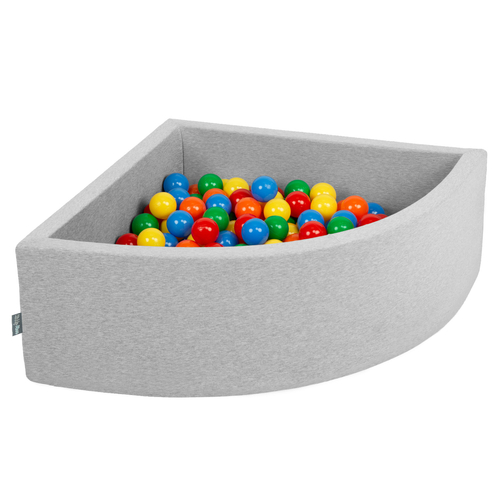 KiddyMoon Soft Ball Pit Quarter Angular ∅ 7cm / 2.75In for Kids, Foam Ball Pool Baby Playballs, Made In The EU, light grey:yellow/green/blue/red/orange, 90 x 30 cm / 300 Balls