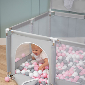 square play pen filled with plastic balls basketball, green:dark turquoise/pastel blue/pastel yellow/white, 100 balls