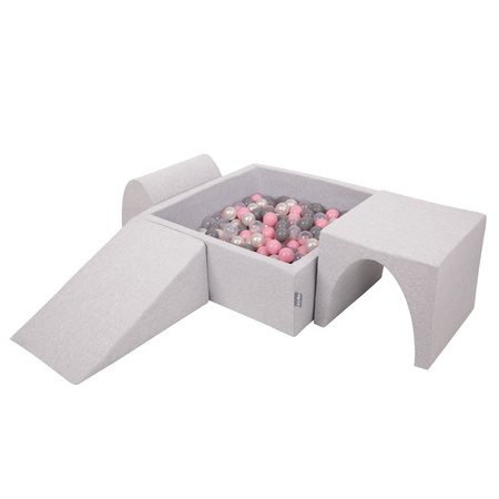 KiddyMoon Foam Playground for Kids with Square Ballpit ( ∅ 7cm/2.75In) Soft Obstacles Course and Ball Pool, Certified Made In The EU, lightgrey:pearl/grey/transparent/powderpink, Ballpit (300 Balls) + Version 2