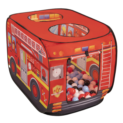 Play Tent Fire Engine For Kids Pop Up Toy Playhouse For Boys Girls Foldable Role With Roof Hole Carry Bag Ball Pit Compatible Sensory Gift Idea Easy Assembly Indoor Outdoor, red: black/white/red/baby blue, 100 balls