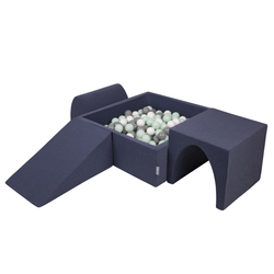 KiddyMoon Foam Playground for Kids with Square Ballpit ( ∅ 7cm/2.75In) Soft Obstacles Course and Ball Pool, Certified Made In The EU, navy blue: white-grey-mint, Ballpit (200 Balls) + Version 2