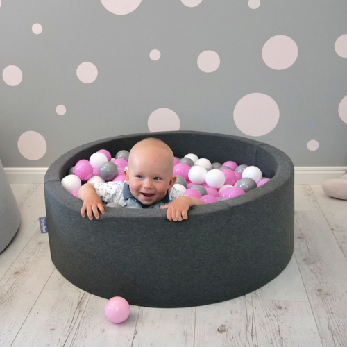 KiddyMoon Baby Foam Ball Pit with Balls ∅ 7cm / 2.75in Made in EU, dark grey:grey/white/pink, 90 x 30 cm / 300 Balls