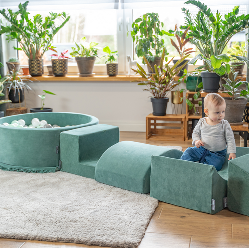KiddyMoon Foam Playground Velvet for Kids with Round Ballpit ( ∅ 7cm/2.75In) Soft Obstacles Course and Ball Pool, Certified Made In The EU, zieleń lasu: biały-szary-mięta