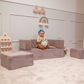 KiddyMoon Children's Foam Sofa with Two Poufs For Kids Comfortable and Lightweight Playroom Set Ribbed Fabric Removable Covers Perfect for Rest and Creative Play, dark beige, Sofa/Pouf