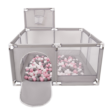 square play pen filled with plastic balls basketball, Grey:white/grey/powder pink, 100 balls